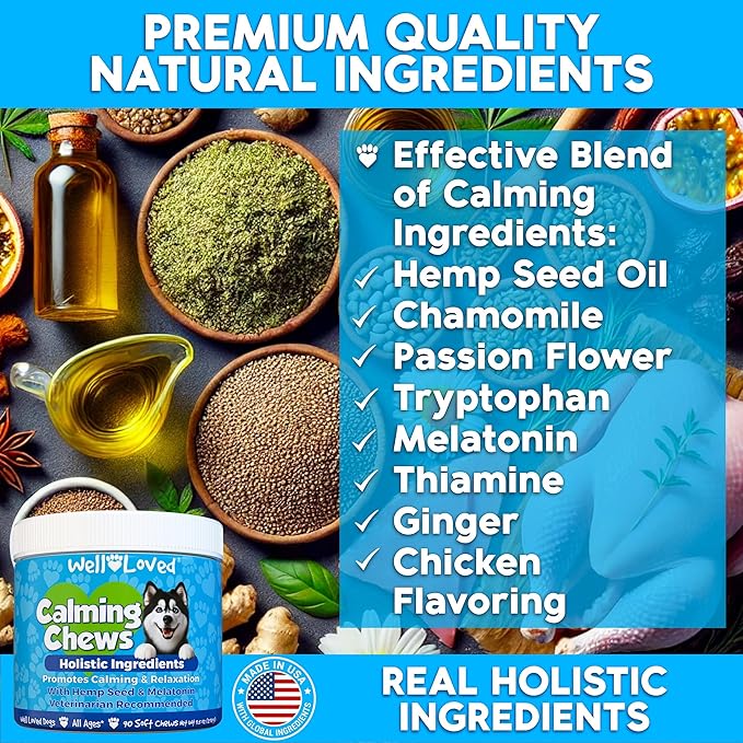 Calming Chews for Dogs - Dog Calm Treats, Made in USA, Vet Developed, Behavior Support, Stress, Separation, Fireworks, Travel, Melatonin, Natural & Holistic, 90 Count