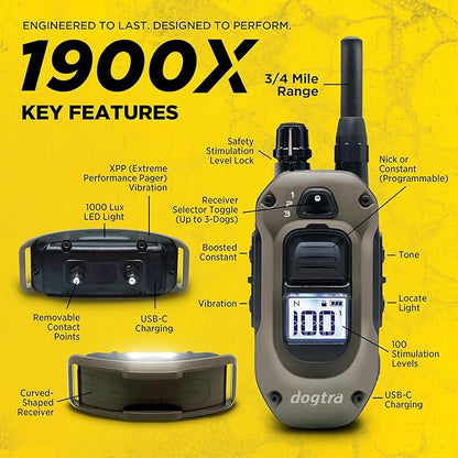 Dogtra 1900X E-Collar for Dog Training - 3/4 Mile Range, Dogs 35 lbs+, IPX9K Waterproof, 100 Stimulation Levels, Vibration, Tone, Rechargeable - Ideal for Dog Owners and Professional Trainers