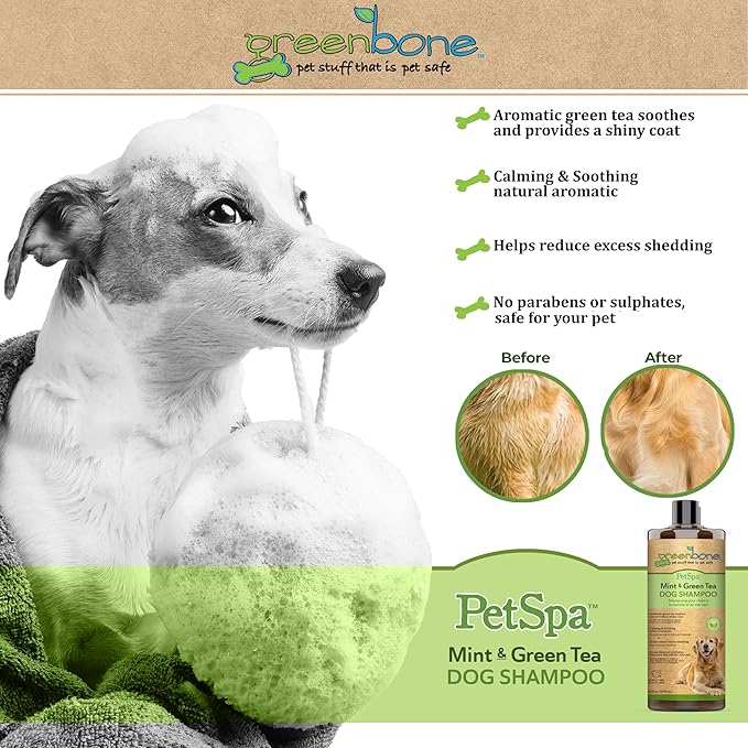 Pet Spa Mint & Green Tea Dog Shampoo - Calming, Soothing, Gentle Grooming Solution, 33 fl oz, Safe & Natural Formula