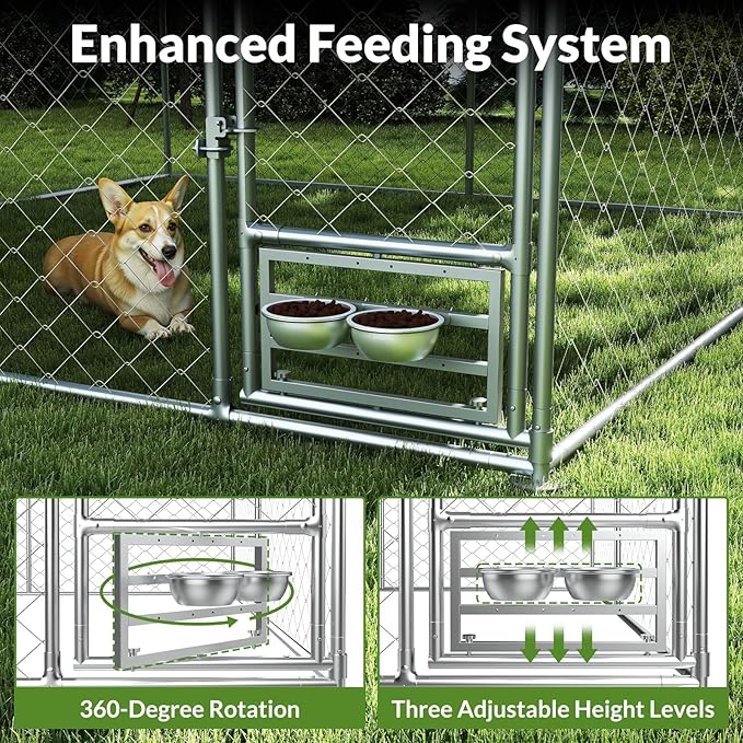 Rovibek 10x10 Ft Outdoor Dog Kennel, Outside Dog Kennel with Roof, Dog Kennels Outdoor with 2 Steel Dog Bowls, Outside Kennel for Large Dogs