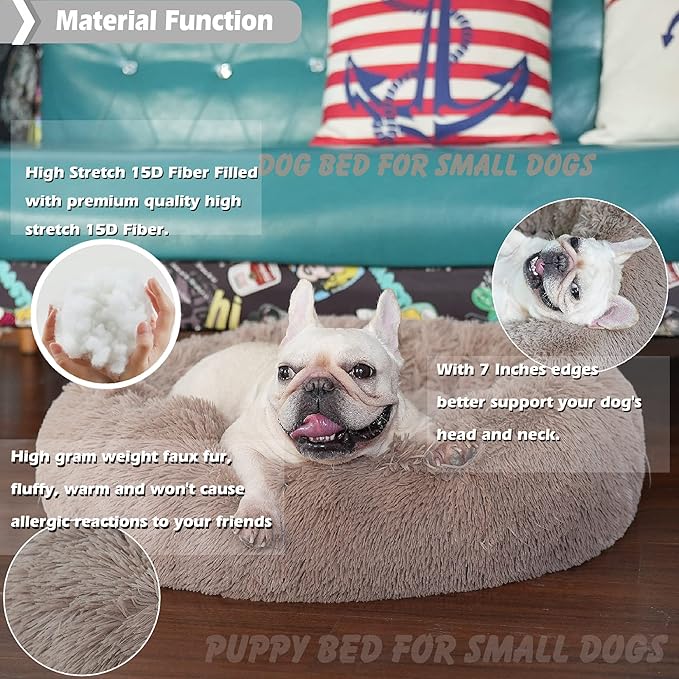 nononfish Puppy Beds for Small Dogs Washable - 23 Inches Round Faux Fur Pet Bed for Puppy and Cat Donut Fluffy Plush Orthopedic Doggy Beds Relief Improved Sleeping,Camel