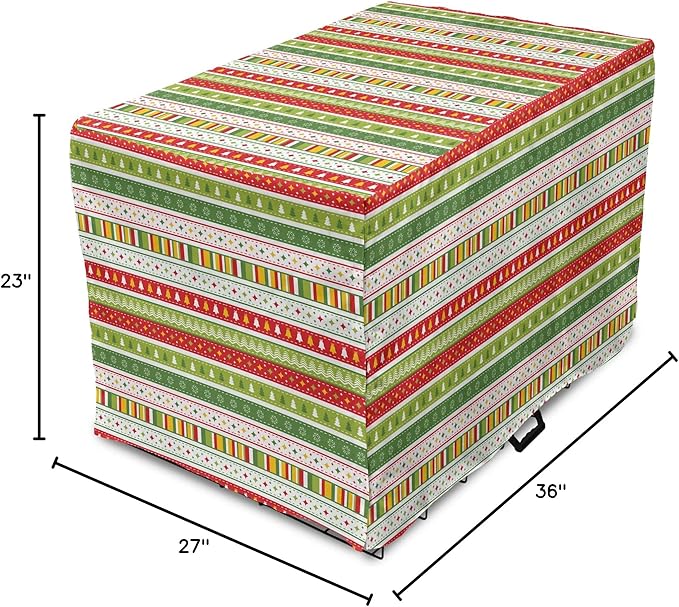 Ambesonne Christmas Dog Crate Cover, Traditional Winter Seasonal Borders Stars Bells Trees Stripes Print, Easy to Use Pet Kennel Cover for Medium Large Dogs, 36 Inch, Lime Green