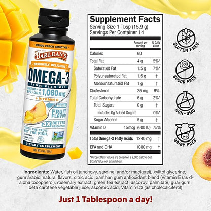 Barlean's Mango Peach Omega 3 Fish Oil Supplements - 1080mg of EPA/DHA, 600 IU Vitamin D3 for Brain, Heart, Joint, & Immune Health - Non GMO, Gluten Free, All-Natural Fruit Smoothie - 8-Ounce