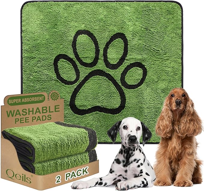 Qeils Washable Pee Pads for Dogs, 2 Pack Super Absorbent Reusable Puppy Pads with Green Long Wool for Potty Training, Floor, Couch, Bed, and Crate,48"x 48"