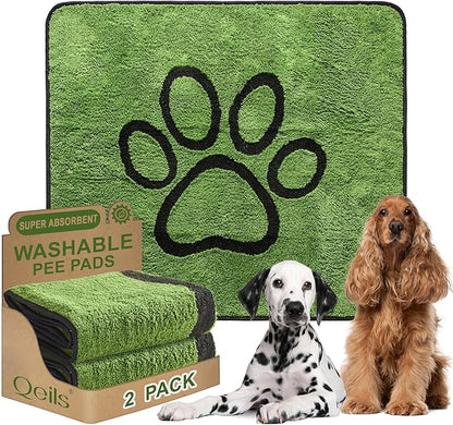 Qeils Washable Pee Pads for Dogs, 2 Pack Super Absorbent Reusable Puppy Pads with Green Long Wool for Potty Training, Floor, Couch, Bed, and Crate,48"x 48"