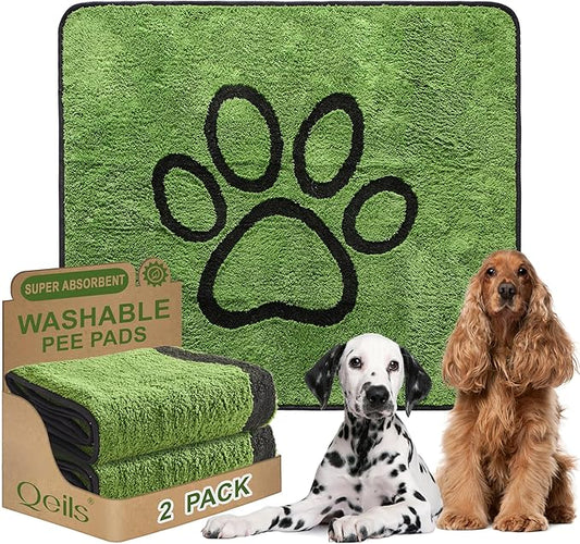 Qeils Washable Pee Pads for Dogs, 2 Pack Super Absorbent Reusable Puppy Pads with Green Long Wool for Potty Training, Floor, Couch, Bed, and Crate,48"x 48"