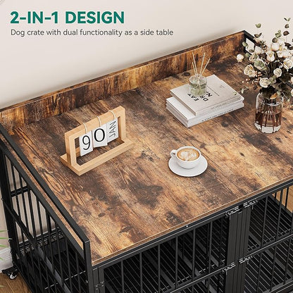 YITAHOME 37.5'' Heavy Duty Dog Crate with Removable Divider, Double Doors & Locks Design, Furniture Style Large Dog Crate with 360° Rotatable Dog Bowls & 360° Wheels & 2 Trays for Small/Medium Dog