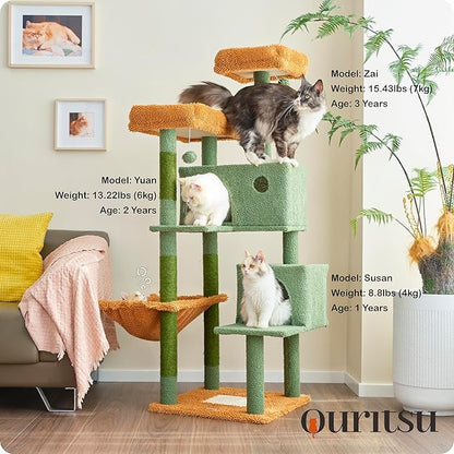 Ouritsu Cat Tree, 57 inch Cat Tower for Large Cat Indoor, 2 Top Perches with 1 Widened, 2 Condos with 1 Enlarged, Steel Frame Hammock, Scratching Posts and Scratching Pad, Green, LF003GB