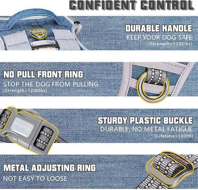AUROTH Tactical Dog Harness for Small Medium Large Dogs No Pull Adjustable Pet Harness Reflective K9 Working Training Easy Control Pet Vest Military Service Dog Harnesses (XL, Denim Blue)