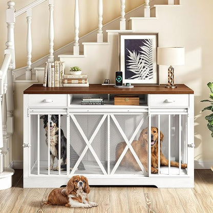 YITAHOME 63 Inch Double Dog Crate TV Stand with Charging Station, Heavy Duty Wooden Dog Crate Furniture for 2 Dogs, Dog Kennel Indoor Furniture Double Sliding Barn Door Design Ideal for 2 Dogs, White