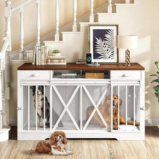 YITAHOME 63 Inch Double Dog Crate TV Stand with Charging Station, Heavy Duty Wooden Dog Crate Furniture for 2 Dogs, Dog Kennel Indoor Furniture Double Sliding Barn Door Design Ideal for 2 Dogs, White