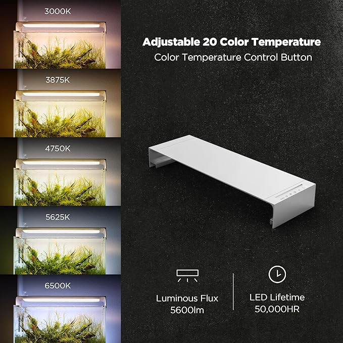 ONF Flat One+ 24 Inch 24/7 Cycle Aquarium Light, Yellow White Full Spectrum Colorfull LED Light, Fish Tank Light Brightness Dimmable & Color Temperature APP Controlled, Sunrise & Sunset Hood Style