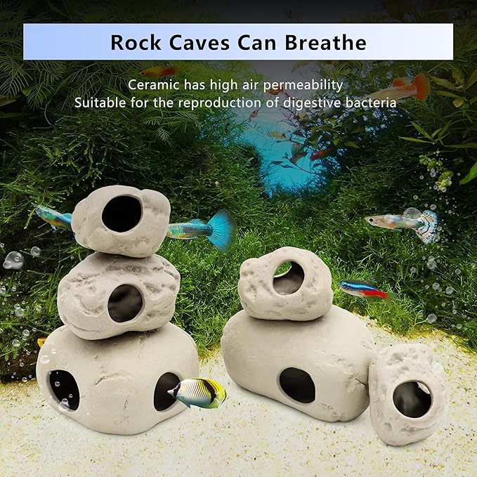 Aquarium Decorations Stackable Ceramic Cave Betta Fish Tank Accessories Rock Cave Decor 6-Piece Set