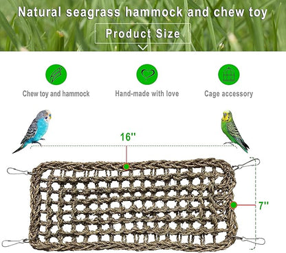 SIMENA Seagrass Mat for Birds, Natural Grass Woven Bird Net Hammock, Climbing Rope Ladder, Chew Toys for Parrots Lovebirds Cockatiels Conures Budgies, Cockatoos (Small)