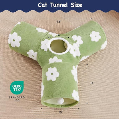 Tempcore Flannel Pet Cat Tunnel Tube Cat Toys 3 Way Collapsible, Cat Tunnels for Indoor Cats，Kitty Tunnel Bored Pet Toys Peek Hole Toy Ball Puppy, Kitty, Kitten, Rabbit Daisy Green