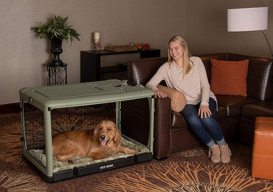 Pet Gear _he Other Door 4 Door Steel Crate for Dogs/Cats with Garage-Style Door, Includes Plush Bed + Travel Bag, No Tools Required, Willow