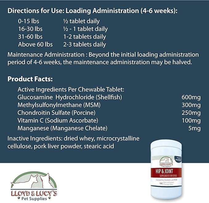 Lloyd & Lucy's Hip and Joint Supplement for Dogs - Chewable Multivitamin with Glucosamine, Chondroitin, MSM and Vitamin C - Healthy Liver Flavored Treat Pets Will Love - 180 Ct Tablets