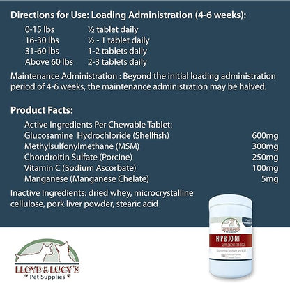 Lloyd & Lucy's Hip and Joint Supplement for Dogs - Chewable Multivitamin with Glucosamine, Chondroitin, MSM and Vitamin C - Healthy Liver Flavored Treat Pets Will Love - 180 Ct Tablets