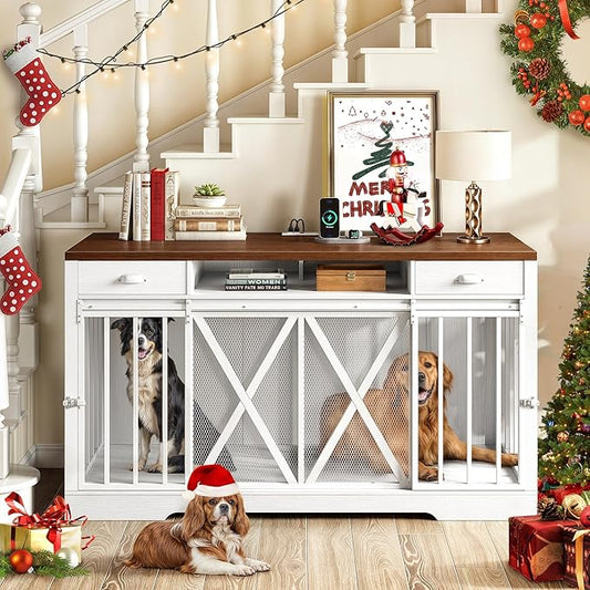 YITAHOME 63 Inch Double Dog Crate TV Stand with Charging Station, Heavy Duty Wooden Dog Crate Furniture for 2 Dogs, Dog Kennel Indoor Furniture Double Sliding Barn Door Design Ideal for 2 Dogs, White