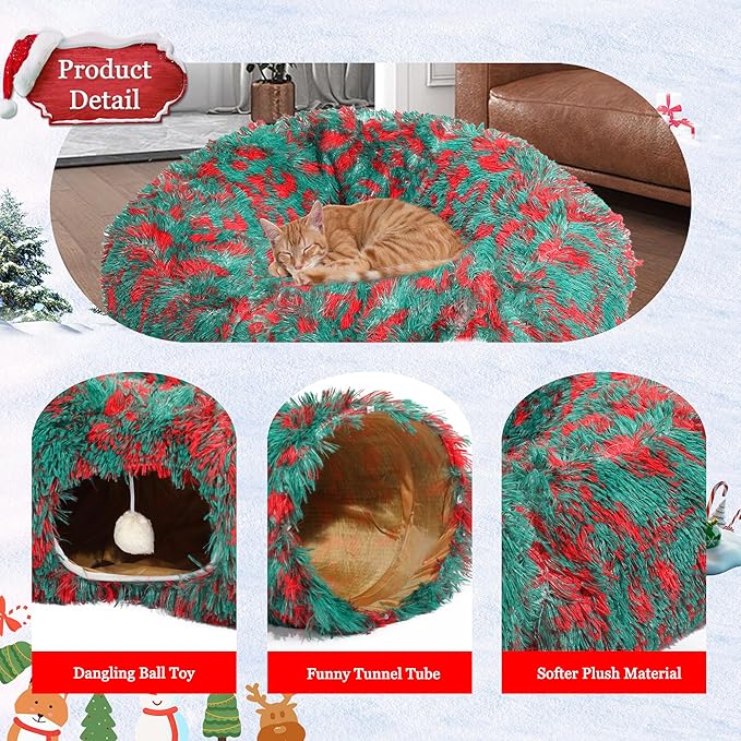 LUCKITTY Christmas Warm Fluffy Plush Cat Dog Tunnel Bed with Washable Cushion- Big Tube Playground Toys 3 FT Diameter Collapsible, for Indoor Cat Kitty Kitten Puppy Rabbit Ferret, Green-Red