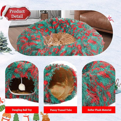 LUCKITTY Christmas Warm Fluffy Plush Cat Dog Tunnel Bed with Washable Cushion- Big Tube Playground Toys 3 FT Diameter Collapsible, for Indoor Cat Kitty Kitten Puppy Rabbit Ferret, Green-Red