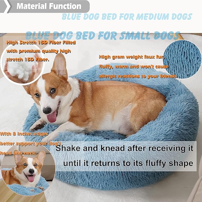 Dog Beds for Medium Dogs Washable Calming Bed for Dogs Blue Fluffy and Soft Dog Bed Anti Anxiety Faux Fur Round Medium Sized Pet Bed for Dogs