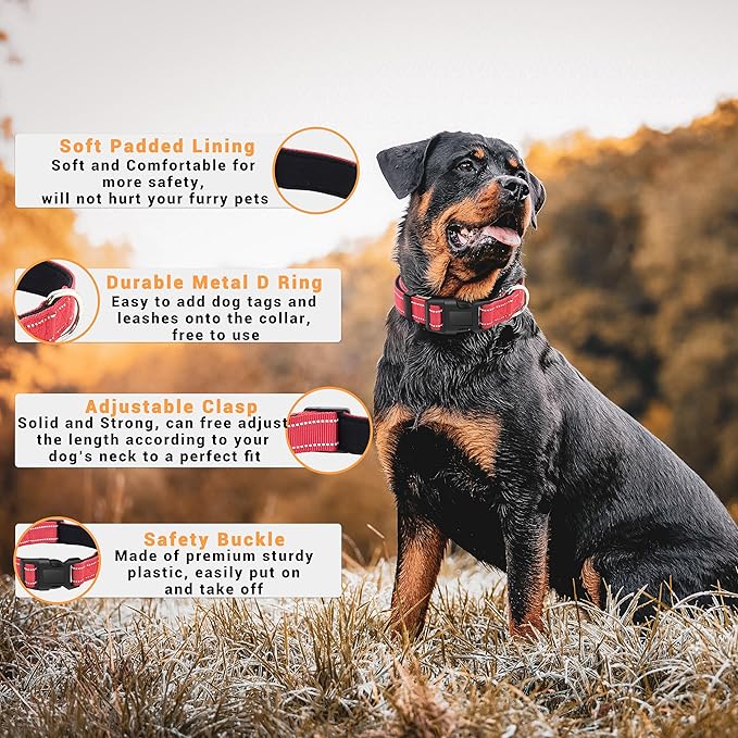 2 Pack Reflective Dog Collar with Safety Locking Buckle, Adjustable Soft Breathable Comfortable Nylon Pet Collar for Small, Medium and Large Dogs, Red, L