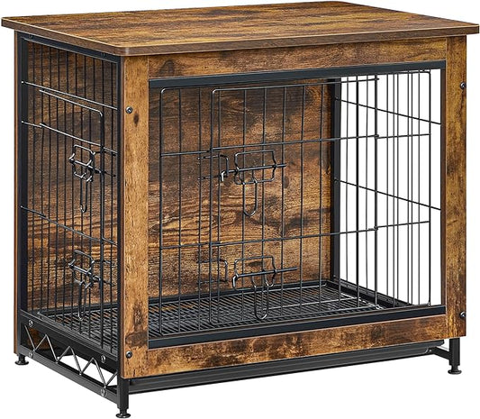 Feandrea Dog Crate Furniture, 27.2" Side End Table, Modern Kennel for Dogs Indoor up to 30 lb, Heavy-Duty Dog Cage with Multi-Purpose Removable Tray, Double-Door Dog House, Rustic Brown UPFC001X01