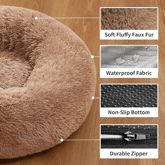 OhGeni Calming Donut Cat Bed For Indoor Cats, Machine Washable Plush Warming Bed For Kitten & Puppy, Anti-Slip Round Cuddle Comfort Pet Bed, Cozy Fluffy Fur Bed for Small Cats & Dogs, Ocher, 20 inches