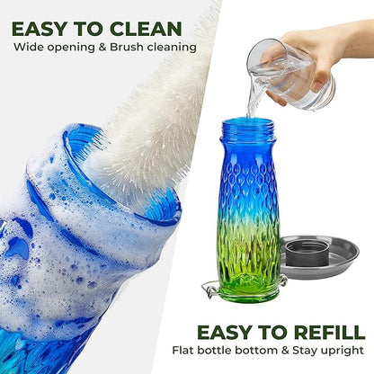 Kingsyard Bird Water Feeder for Outside, 24 Ounce, Glass Bird Water Dispenser with Metal Hanging for Garden Yard Outside Decoration, Green & Blue