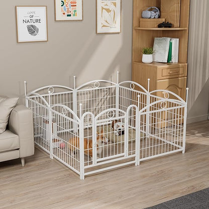 24" H Dog Crate Dog Playpen 8 Panels Furniture Heavy Duty Dog Fence Door with Side Openings,Foldable Pet Exercise Pen for Large Medium Small Dogs Indoor Outdoor,White