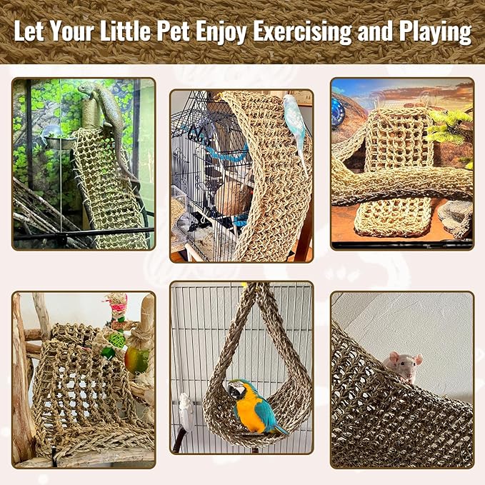 29.5 x 7 inches Large Bird Seagrass Mat Grass Woven Net Parrot Hammock Mat Parakeet Climbing Rope Ladder with Hooks Bird Cage Accessories for Conure Cockatiel Budgie Macaw