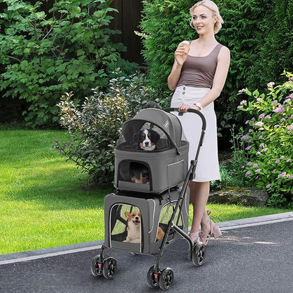 Double Dog Stroller, Foldable 3-in-1 Cat Stroller with 2 Detachable Carriers, Safety Belt, Washable Cover, Removable Pads, 4 Wheels Travel Pet Stroller for Small Medium Dogs (Grey)