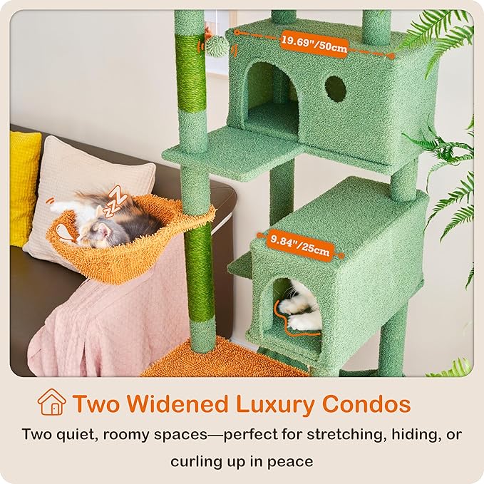 Ouritsu Cat Tree, 73.6 inch Tall Cat Climbing Tower for Large Cat Indoor with 2 Large Condos, 2 Widened Perches, Sisal Covered Scratching Posts, 2 Hammocks, Cactus Green, XLF001GB