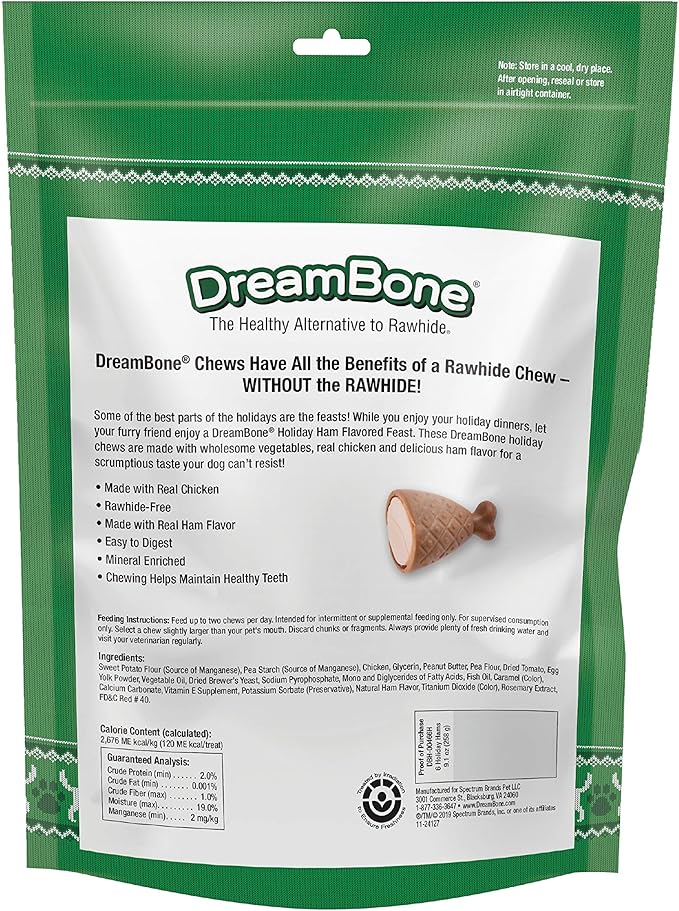DreamBone Holiday Ham Flavored Chews 6 Count, Made with Real Chicken, Rawhide-Free Chews for Dogs