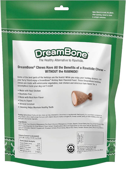 DreamBone Holiday Ham Flavored Chews 6 Count, Made with Real Chicken, Rawhide-Free Chews for Dogs
