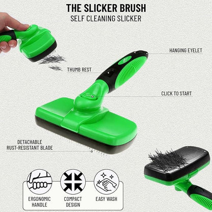 Complete Professional Pet Grooming Kit with Pet Hair Removal Tool Brush Gloves, Self Cleaning Slicker Brush, and Pro Grooming Dog Brush Deshedder Comb to Reduce Shedding (Green)