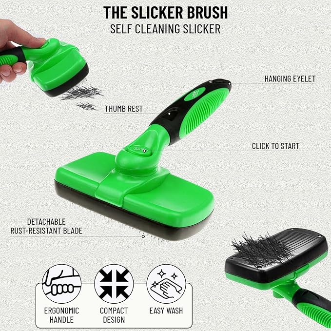 Complete Professional Pet Grooming Kit with Pet Hair Removal Tool brush Gloves, Self-Cleaning Slicker Brush, and Pro Grooming Dog Brush Deshedder Comb to Reduce Shedding (Green)