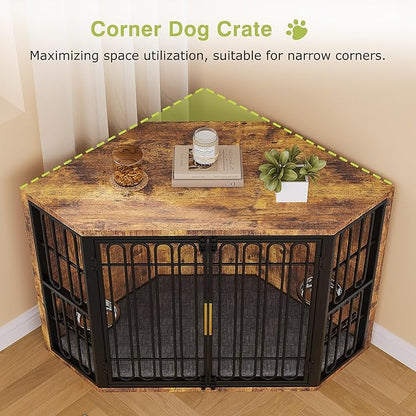 VECELO Corner Dog Crate Furniture, 43.3" Indoor Dog Kennel Indoor with Cushion & 2 Removable Trays, Wooden Dog Cage Decorative Pet House End Table for Large/Medium Dogs,Brown