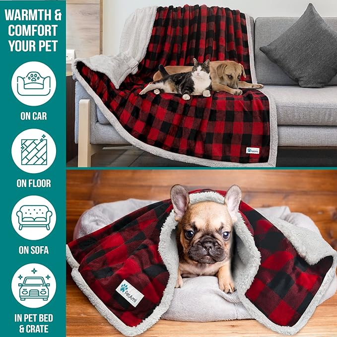 PetAmi Dog Blanket for Bed, XL Pet Blanket Large Dogs, Fleece Furniture Couch Cover Protector Sofa Car Crate Kennel, Soft Sherpa Cat Throw Plush Reversible Washable, Twin 60x80 Checker Red