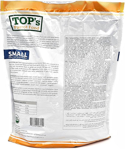 TOP's Parrot Food Bird Pellets for Small Hookbills - Non-GMO, Peanut Soy & Corn Free, USDA Organic Certified (4lbs)
