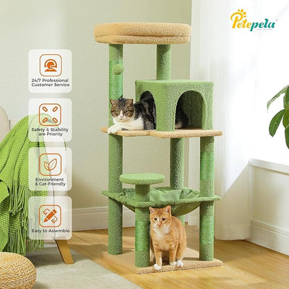 PETEPELA 45.7" Cat Tree for Indoor Cats, Cactus Cat Tower for Large Cats with Metal Frame Large Hammock (17.3"x15.3"), Cat Condo with (18.5"x13") Big Top Perch & 4 Sisal Covered Scratching Posts,Green