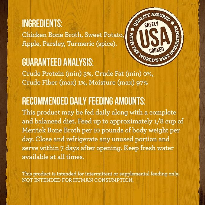 Merrick Grain Free Bone Broth, Premium Human Grade And Gluten Free Dog And Cat Food Topper Pouches, Chicken - 16 oz. Pouch