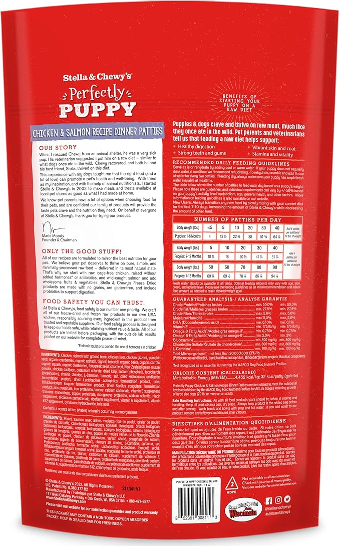 Stella & Chewy's Freeze Dried Raw Dinner Patties  Crafted for Puppies  Grain Free, Protein Rich Perfectly Puppy Chicken & Salmon Recipe  14 oz Bag
