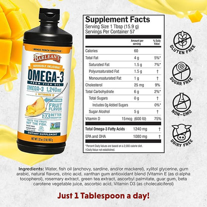 Barlean's Mango Peach Omega 3 Fish Oil Liquid Supplement with Vitamin D, 1080mg EPA & DHA Fatty Acid, Smoothie Flavored & Burpless for Brain, Joint, & Heart Health, 32 oz