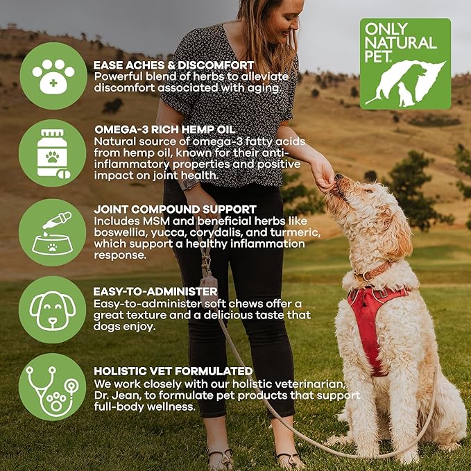Only Natural Pet Hemp Advanced Mobility Support for Dogs Holistic Wellness Hip Bone Joint Health - Inflammatory Function Relieves Pain Stiffness Green Lipped Mussels Turmeric (HA) 60 Count