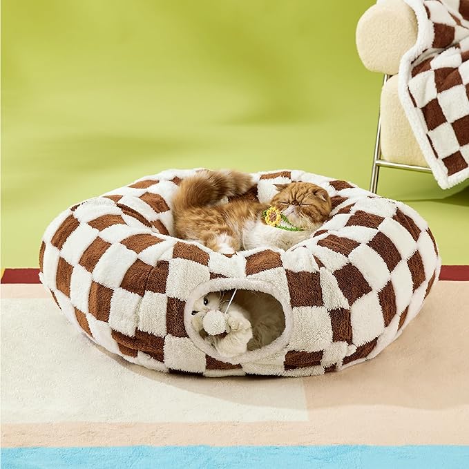 Lesure Cat Tunnel Bed for Indoor Cats - Cute Cat Donut Tunnel Toys for Small Large Cats with Washable Circle Cushion, Round Pet Peekaboo Cave Toy for Kitten/Puppy/Rabbit, Standard Brown