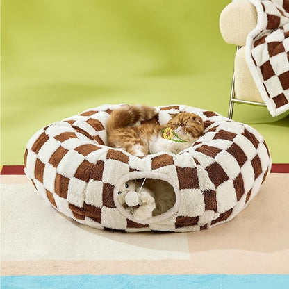 Lesure Cat Tunnel Bed for Indoor Cats - Cute Cat Donut Tunnel Toys for Small Large Cats with Washable Circle Cushion, Round Pet Peekaboo Cave Toy for Kitten/Puppy/Rabbit, Standard Brown