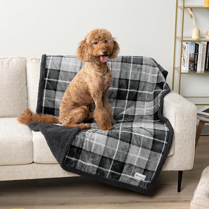 PetAmi Waterproof Dog Blanket for Small Medium Dog, Pet Puppy Blanket Couch Cover Protection Sherpa Fleece Cat Blanket Couch Sofa Bed Furniture Protector Reversible Soft Washable 29x40 Plaid Charcoal