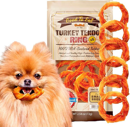 Gootoe Turkey Tendon Dog Treats  100% USA-Sourced, Natural Snack, Premium Training Chews, Hypoallergenic, Reseal Value Bags, Size for Small Dogs, Ring (Small) 6 Unit/Pack